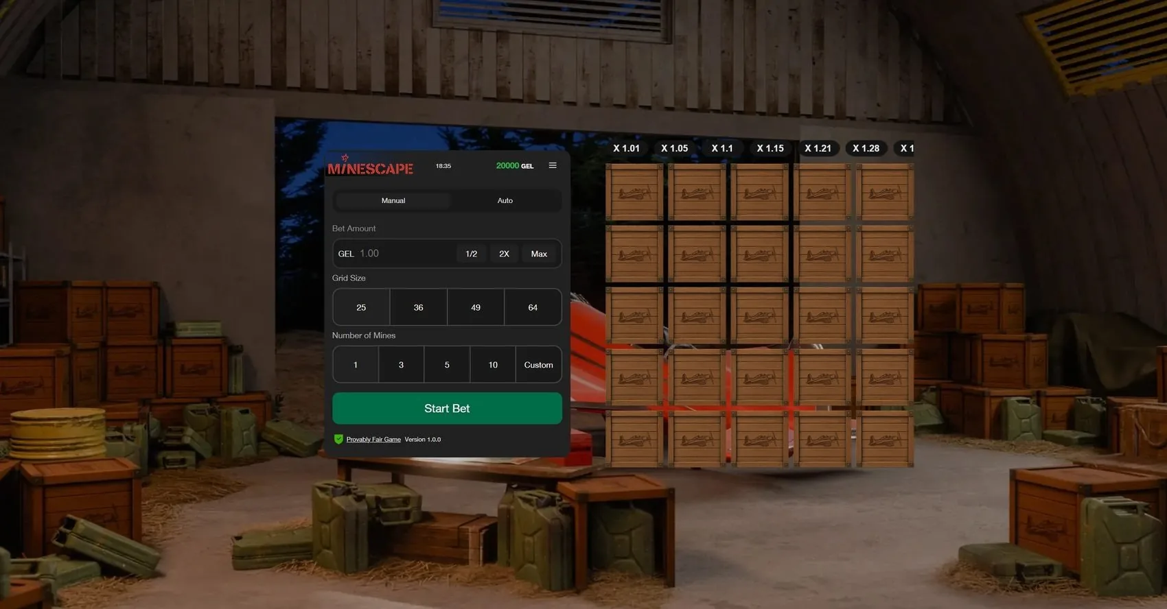 Minescape in-game — hangar full of crates, fuel cans and the Aviator biplane