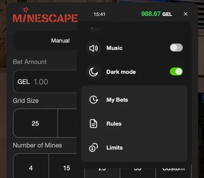 Minescape in-game menu
