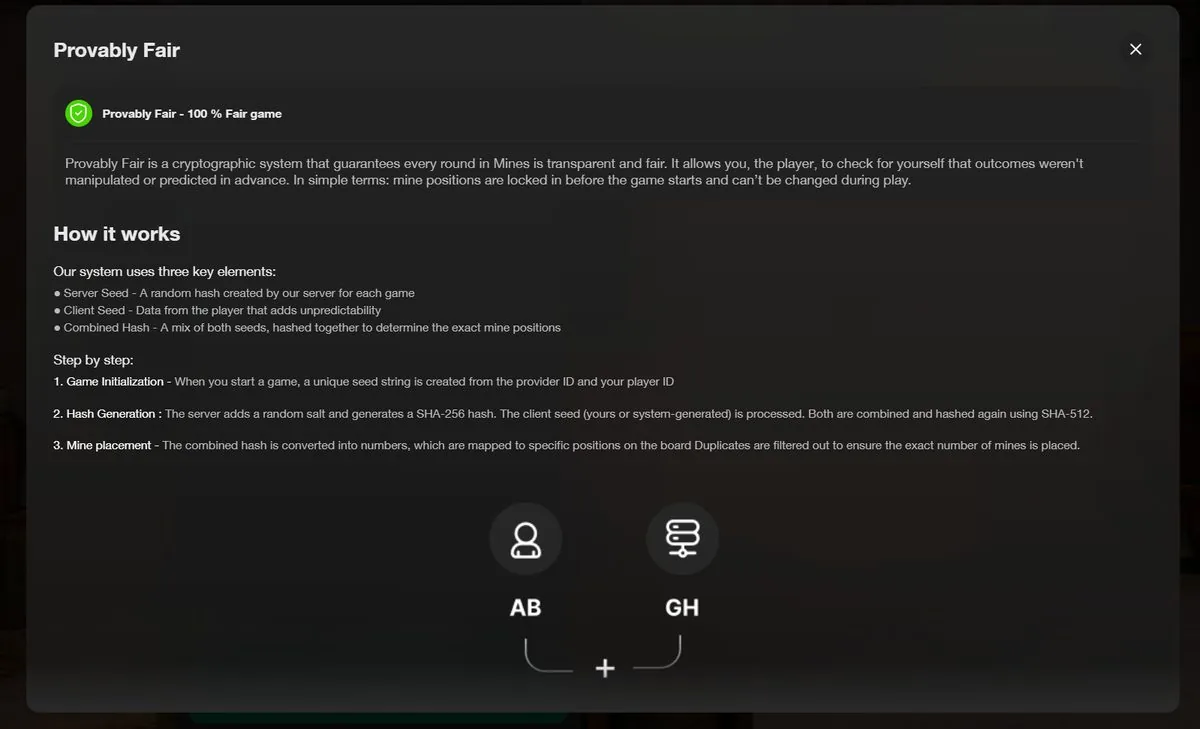 Minescape Provably Fair explainer screen