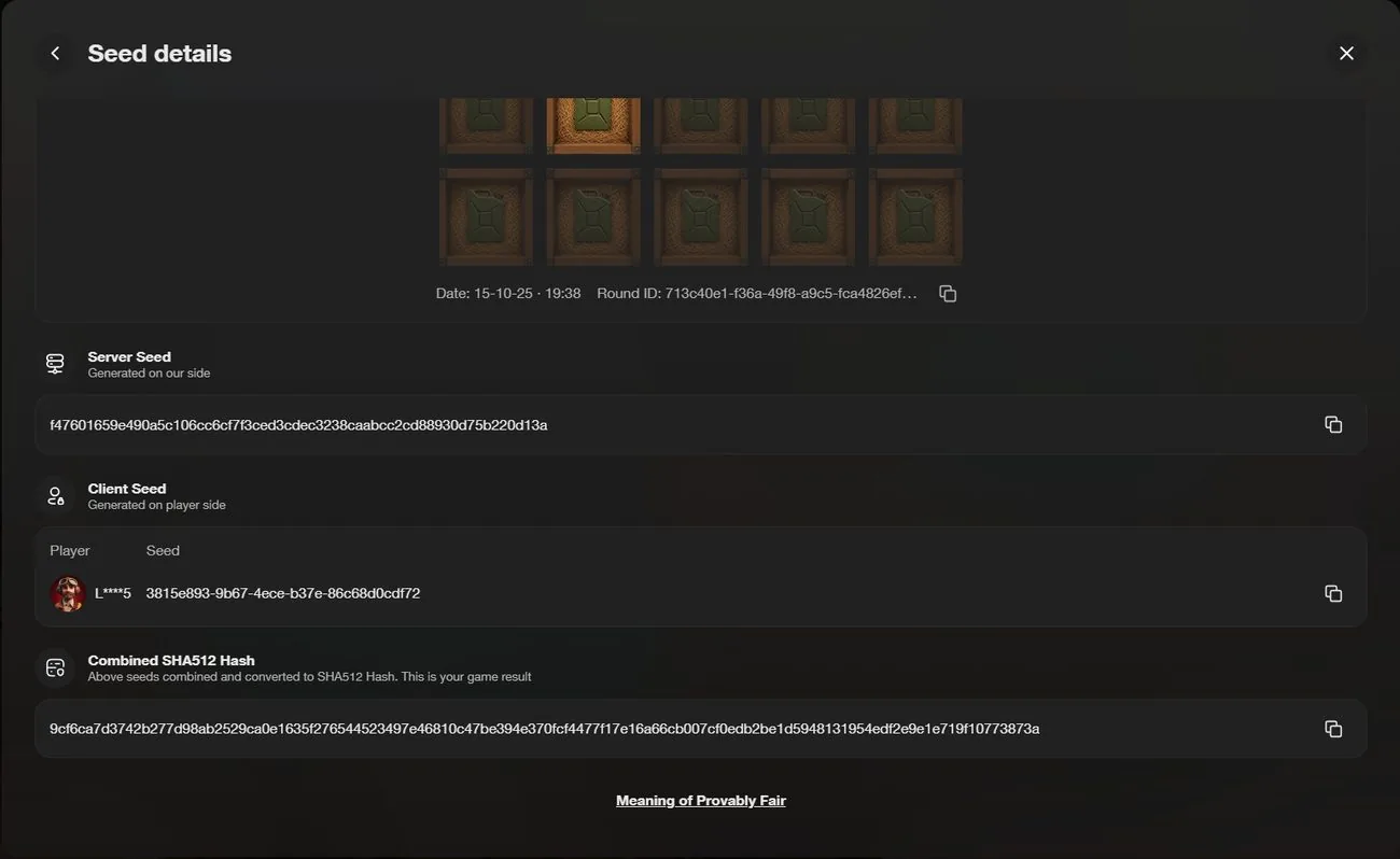 Minescape Seed Details — server seed, client seed and combined SHA-512 hash
